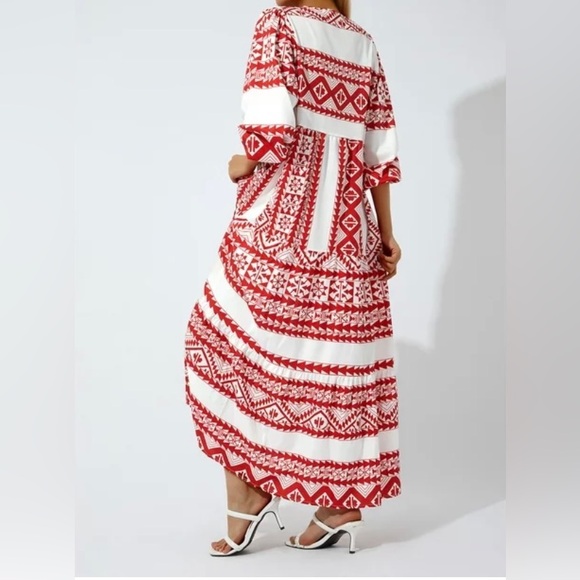 New Boho Ethic Geo Aztec Tribal Pattern Maxi Dress Loose Long Puff Sleeves Vneck - Picture 4 of 16